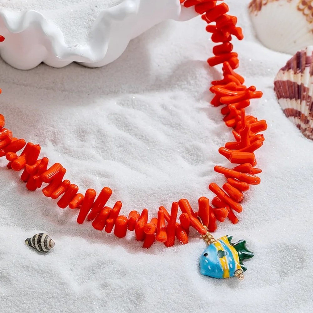 Vibrant Coral Necklace with Fish Pendant